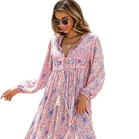 Amazon | Dresses | Rvivimos Long Sleeve Floral Print Retro V Neck Tassel  Bohemian Midi Dress Xs | Poshmark